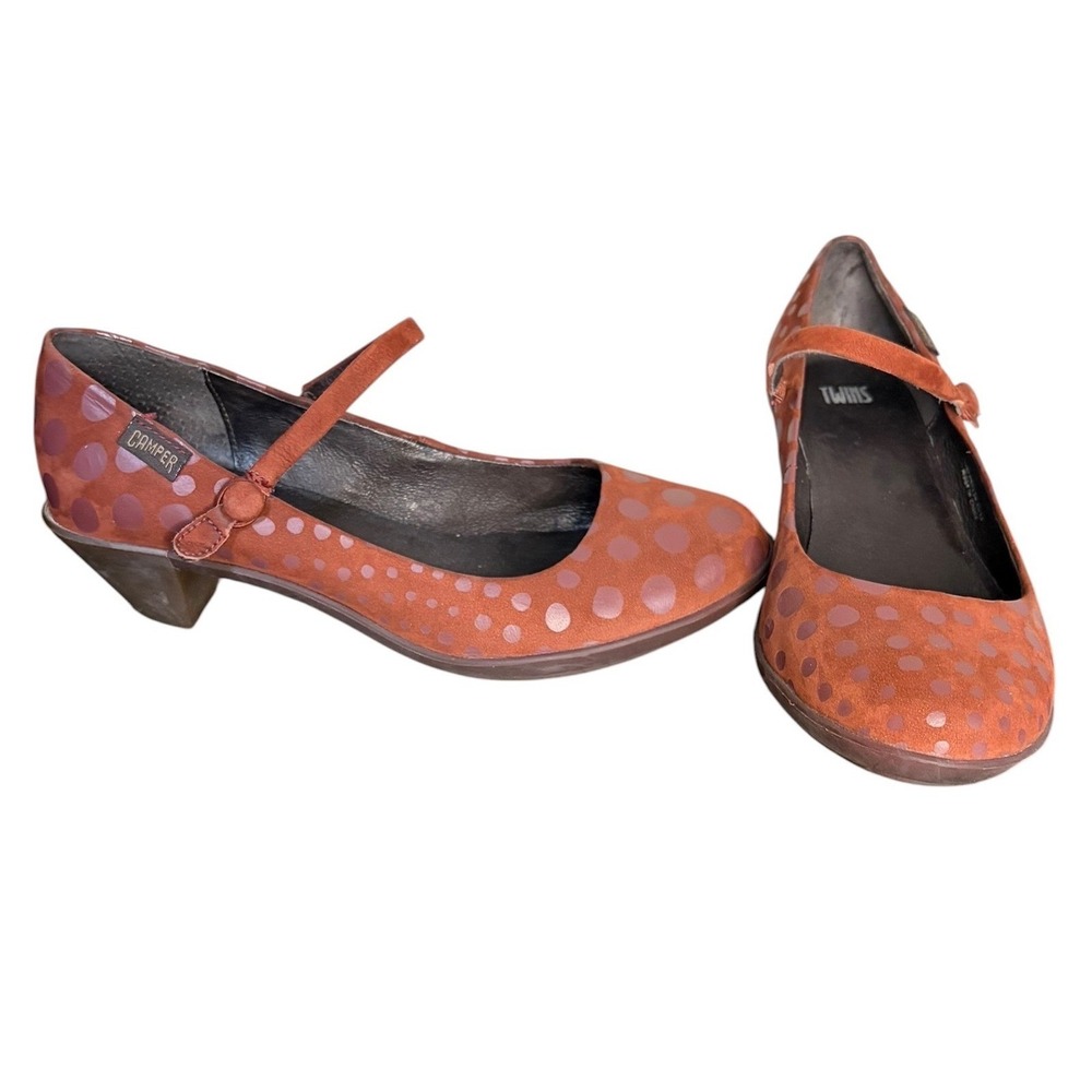 Camper Twins Polka Dot Agatha Red Mary Jane Pumps Suede Kitten Heel Women's 5